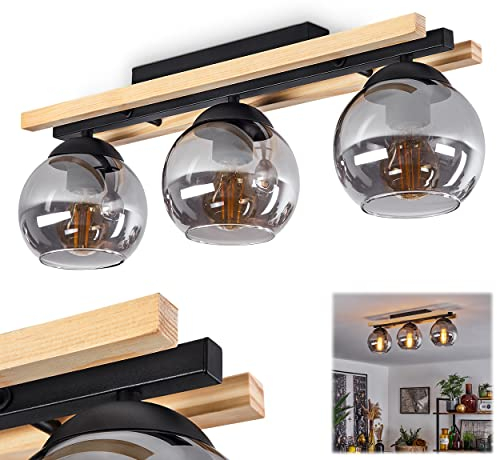 hofstein Plafonnier Podre, plafonnier moderne en métal/bois/verre noir/naturel/fumée, luminaire au design rétro/vintage avec abat-jour en verre fumé (Ø 15 cm), 3 flammes, 3 x E27, sans ampoules