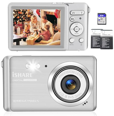 Digital Camera,30MP 18X Digital Zoom Vlogging Camera for YouTube with 32G Memory Card,Digital Cameras for Photography with 2 Batteries,Rechargeable Cameras for Kids/Adult/Elderly/Beginners Silver