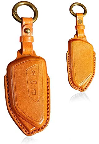 HIBEYO Keyless Coque de clé de Voiture Compatible avec VW Golf 8 en Cuir de Vachette pour VW Golf8 ID.3 ID.4 MK8 pour Skoda Octavia A8 pour Seat Leon Porte-clés Marron