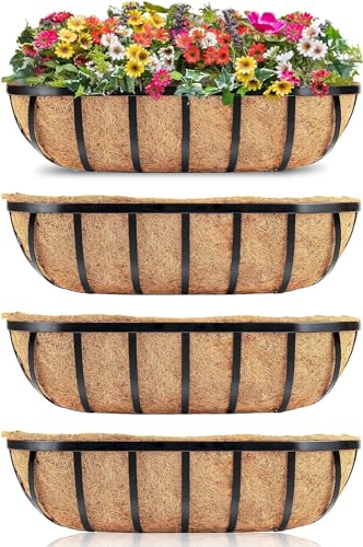 HFHOME Set of 4 Wall Trough Planter, 24/60.9cm Outdoor Metal Window Box with Coco Liner, Rust-Resistant Floating Planters for Fence Railing & Balcony