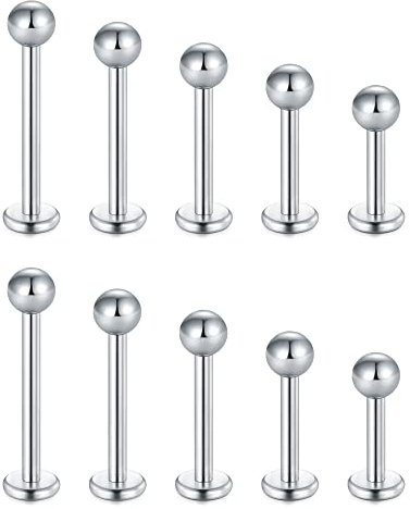 Rajnard 16G Chirurgenstahl Lippenpiercing Stud Silber klassisch Labret Cartilage Tragus Helix Ohrringe Piercing 6/8/10/12/14mm Außengewinde Piercing Schmuck für Frauen Männer