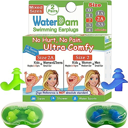 WaterDam Tappi per le orecchie da nuoto, ultra comodi, impermeabili, per prevenire le orecchie del nuotatore (misura 2A+2: bambini e adolescenti, orecchie medie da donna, per orecchie piccole, colore