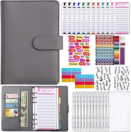 Meekye Budget Planner A6 Binder Deutsch oder Englisch, Geld Organizer Budget Planer mit 12 Binder Taschen, 12 Budgetblätter Deutsch, Geldumschläge für Reisen Tagebuch und Geschenk Grau