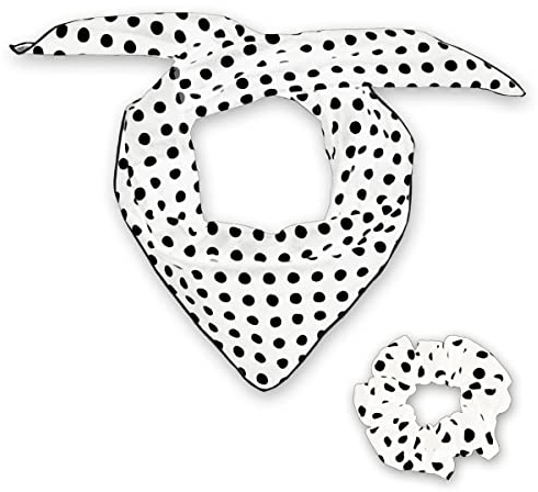 Soul-Cats Polka Dots Damen Set Haargummi und Dreieckstuch Scrunchie Kopftuch Bandana, weiß mit schwarzen Punkten