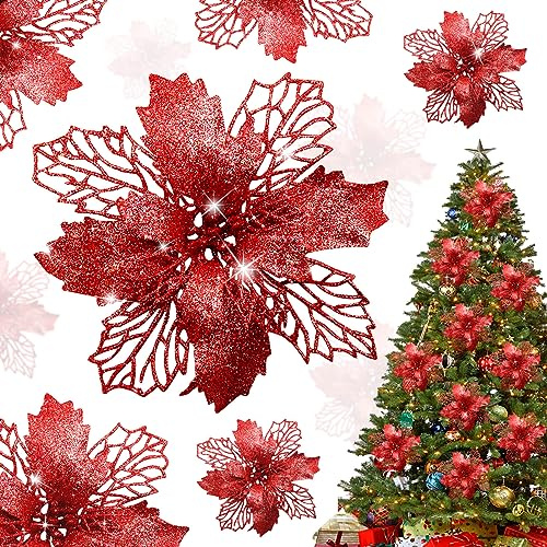 Shining She 10pcs Christmas Glitter Poinsettia Flowers Ornament, 5.9inch Artificial Christmas Flowers for Xmas Party Decoration, Xmas Tree Ornaments Decor, Red