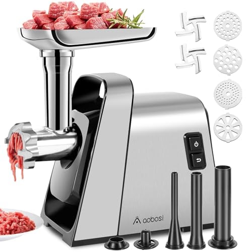 AAOBOSI Hachoir électrique,Aobosi 3-en-1 Multi hachoir a viande electrique 3 plaques d'affûtage acier inoxydable,Kubbe & tubes remplissage saucisses,3000W MAX moteur un affûtage rapide MGG-100