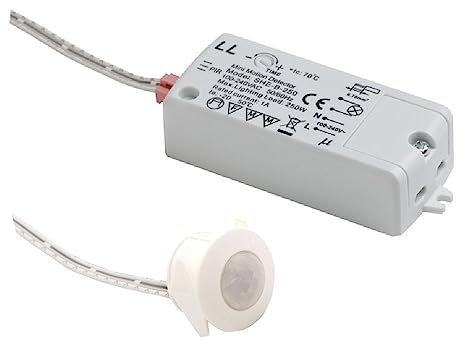White Round Fascia PIR Sensor Switch | Head Diameter 24.3mm | 240 Volts | 250W Max Load | Adjustable Time Delay | 2.5M Range | 1.5M Cable