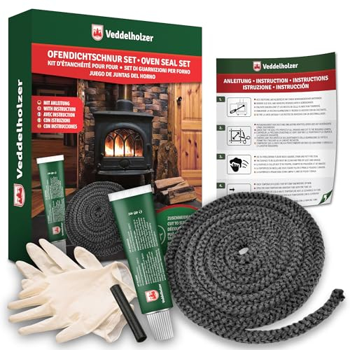 Veddelholzer 2,5 m komplett Set Ø 8mm Ofendichtband, Ofendichtung, Backofen Dichtung, Ofendichtschnur für Kaminofen, Öfen und Kaminofen Inkl. Hochtemperaturkleber, Handschuhe, Hülsen und Anleitung