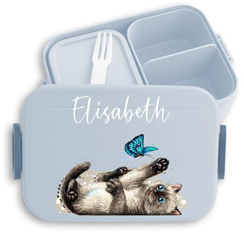 Kinder Bento Box Midi Lunchbox für Mepal Bentobox - Katzen - Verspielte Süße Katze Brotdose Cat I - 900 ml - Hellblau - name vesperdose katzenmotiv personalisierte jausenbox brotbox
