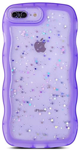 Qokey for iPhone 7 Plus & 8 Plus Case, Curly Wave Design Transparent Bling Glitter Star Shiny, Cute Clear Full Protection Soft TPU Shockproof Phone Cover for Women Girls, Purple
