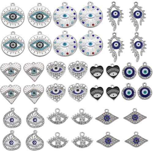 SUNNYCLUE 40PCS 10 STYLES Sliver Evil Eye Charms Bulk Rhinestone Charms Hollow Crystal Cubic Zirconia Shiny Lucky Eyes Heart Love Charm for Jewelry Making Charme Diy Earrings Bracelet Necklace Craft