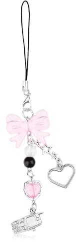 DIVINA VITAE Cute Pink Phone Charm Star Bowknot Love Heart Phone Lanyard Wrist Strap for Wallet Bag Purse