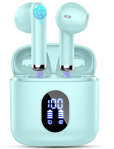 Wireless Earbuds, Bluetooth 5.4 Headphones 2024 Wireless Headphones with Deep Bass, New Mini Bluetooth Earphones in Ear 4 ENC Mic, Noise Cancelling Ear buds 30H Bluetooth Earbud Dual LED Display, Cyan