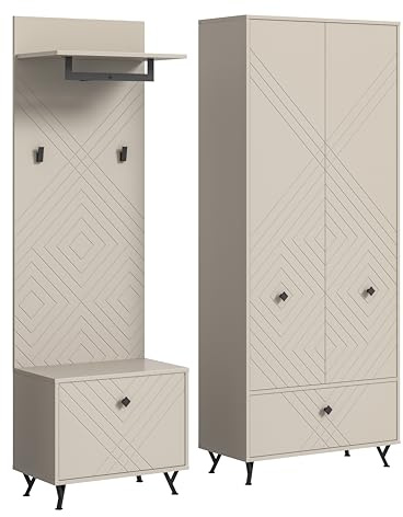 xonox.home Garderobe Notes 3tlg. Set Garderobenkombination Garderobenschrank Garderobenmöbel Flurmöbel-Set Flursystem Stauraumlösung Front sandbeige matt MDF Korpus sandbeige melamin