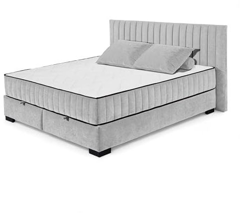 NAGOL C Boxbett 180x200, Silber - Bequemes Doppelbett mit Bettkasten und Premium 9-Zonen-Federkern Wendematratze - 205 x 114 x 214 cm (B/H/T)