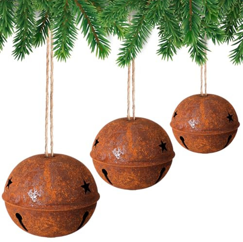 Tandefio Große Vintage-Weihnachtsglocken, rostige Metallglocken, Dekoration, Weihnachtsbaum-Ornament, 14 cm, 11,9 cm, 10,2 cm H, riesige dekorative Schlittenglocken mit Seil für Weihnachtsbaum, Tür,