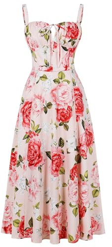 Odizli Robe d'été sexy sans manches pour femme - Bretelles spaghetti - Style bohème - Fleurs - Robe longue avec fente, Rose/rouge, S