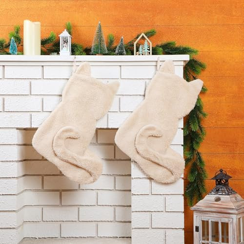 Geyoga Große Weihnachtsstrümpfe, Katzenform, Familienstrumpf, Katzen-Motiv, rustikale Weihnachtsdekoration für Zuhause, Weihnachtsdekoration, Partyzubehör, 2 Stück