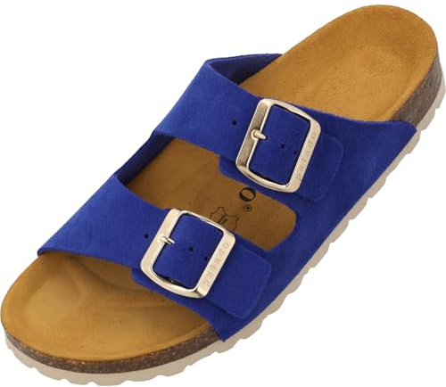 Palado Pantoletten Damen Korfu Suede Premium Leather - bequeme Sandalen Made in Spain - Hausschuhe mit Kork-Fußbett - modische Sommerschuhe