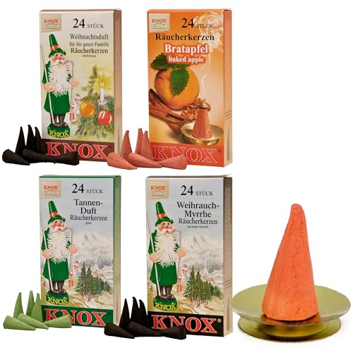 Knox Räucherkerzen Set – 4 Duftsorten (Tannenduft, Weihrauch-Myrrhe, Weihnachtsduft & Bratapfel) inkl. Kerzenhalter – Traditionelle Räucherkegel Made in Germany
