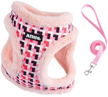 AIITLE Warme Plüsch Hundeweste Geschirr und Leine Set - No-Pull Plaid Hundegeschirr mit Sicherheitsschnalle - Kaltes Wetter Hundegeschirr für Welpen und Hauskatzen Rosa XXS