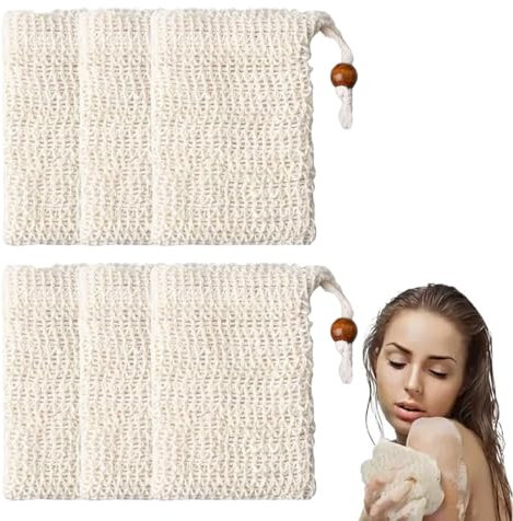 SGERUFZ Lot de 6 sacs à savon en sisal avec cordon de serrage, pochette en fibre naturelle bio pour douche, porte-savon pour savon moussant séchant, étui de voyage