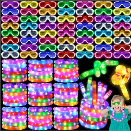 UZLU 60 piezas de suministros de fiesta que brillan en la oscuridad, 30 gafas de luz LED, 30 varillas luminosas, tubos de flash, gafas LED de neón, pulsera, collar, accesorios, bolsas de regalo para