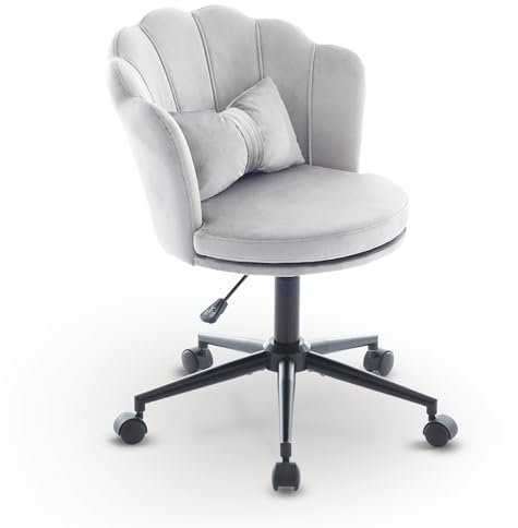 AUKWIK Ergonomischer Bürostuhl, Schminktisch Stuhl aus Samt, Schreibtischstuhl mit blütenblattförmige Rückenlehne, Drehstuhl mit Rollen für Wohnzimmer, Schlafzimmer, Grau