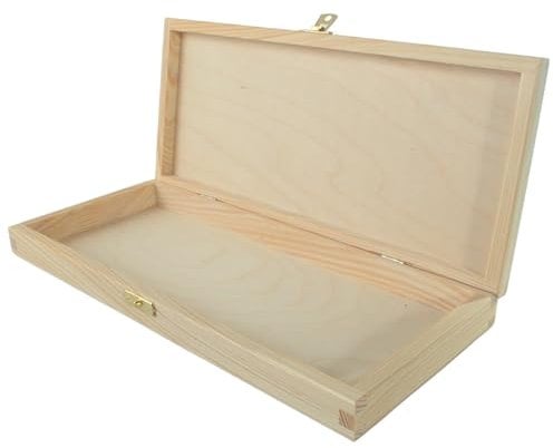 WooDeeDoo Shallow Slim Wooden Storage Box with Lid and Clasp - Unfinished Oblong Pine Case for Brushes Pencils Crayons Craft Supplies DIY Gift Keepsakes Letters Storage - 34 x 15 x 4 cm