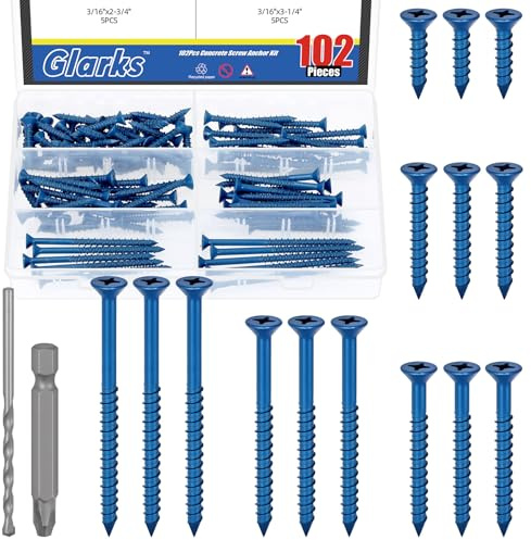 Glarks 102pcs 3/16 x 1-1/4 1-3/4 2-1/4 2-3/4 3-1/4'' Kreuz Flachkopf Betonschrauben Ankersatz, blaue Schwerlast Zementschrauben mit Bohrboch und PH2 Bit