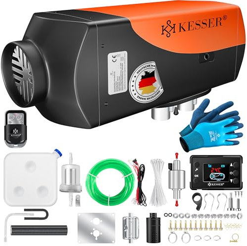 KESSER® Chauffage auxiliaire diesel 8 kW 12 V/24 V avec minuterie, écran LCD et télécommande - Chauffage rapide avec silencieux et thermostat - Orange - 8 kW