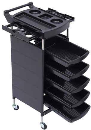 Friseurwagen Salonwagen Wagen mit 5 Zugschubladen und Vier 360 ° Rotationsrädern 90 x 18 x 38 cm für Kosmetiksalon Friseur Krankenhaus usw. Schwarz