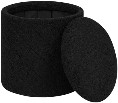PINPLUS Puff Almacenaje Plegable con Tapa Reversible, Taburete Otomano Redondo Teddy Bouclé, Reposapiés para Salón o Dormitorio, Ø 43 x 45 cm, Negro