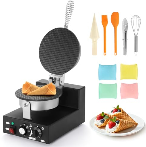 Dyna-Living Commerical Waffle Cone Maker 1200W Professional Waffle Cone Iron Restaurant Ice Cream Cone Egg Roll Mold Nonstick Waffle Machine for Home