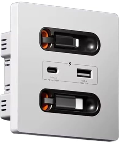 Wzxksoac Universal 12w Wall Panel Socket with Retractable Usb-A Usb-C Charging Cable, Type C Outlet for Mobile Phone Tablet