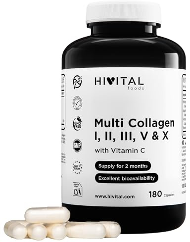 Multi Collagene Idrolizzato. 180 capsule per 2 mesi. | Collageni di Tipo I, II, III, V e X con Collagene Idrolizzato Bovino e di Pollo, Membrana d'Uovo e Vitamina C. HIVITAL.