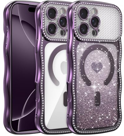 UCASONG for iPhone 13 Pro Max (6.7) Magnetic Wave Frame Case, Purple Heart | Compatible with MagSafe, Sparkly Rhinestone Gradient Glitter Card, Aesthetic Wavy Case, Soft TPU Shockproof Protective Cover