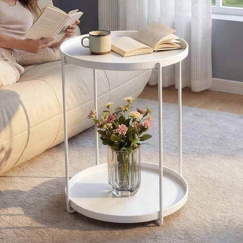 doporro Beistelltisch rund Ø35×H51 cm, mit 2 abnehmbarem Tablett Weiß