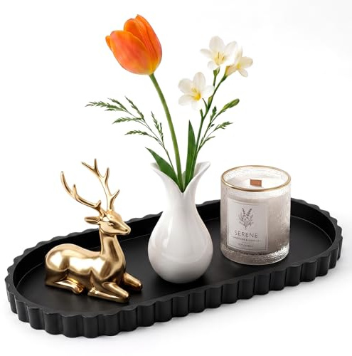 Badezimmer Tablett - 30,5 x 13,5 cm, Ovale Silikon Deko Tablett Schwarz für Badezimmer Waschtisch mit Gewelltem Rand, Elegante Dekotablett Bad Deko Organizer für Kerzen und Wohnaccessoires