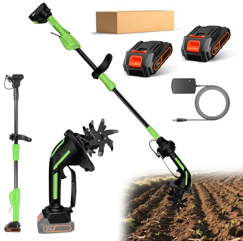 Motorhacke, kabellos, Rotationsfräse, elektrisch, mit 10 cm Frästiefe und 10 cm Fräsbreite, 1,3 m, tragbar, Gartenfräse mit Akku, für Garten, Gemüsefeld, Gewächshaus (2 Batterien)