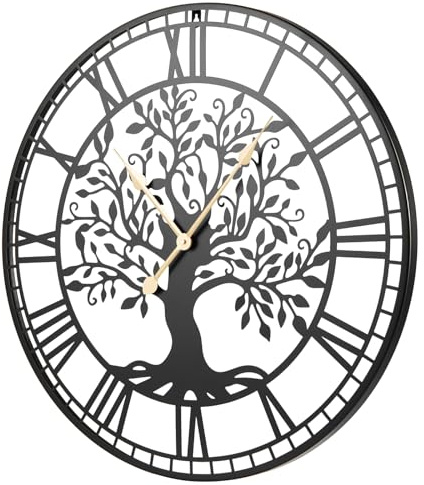 COSTWAY Große Wanduhr, 68 cm Dekorative Uhr mit römische Ziffern, ohne Tickgeräusche, batteriebetriebene Wanddekoration, Baum des Lebens-Wanduhren für Wohnzimmer, Schlafzimmer & Küche, Schwarz