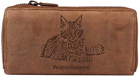Greenburry Vintage Damen Lederbörse Geldbörse Braun mit Main Coon Katze Motiv 19x2,5x10cm