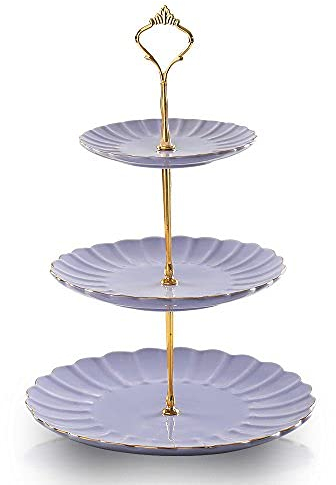 Sweejar Home 3 Tier Ceramic Cake Stand, Tiered Wedding Dessert Cupcake Stand for Tea Party Food Server Display (Purple)