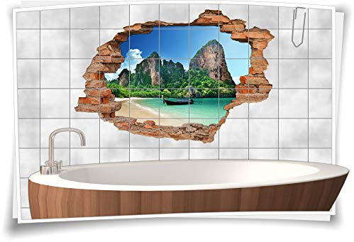 Medianlux Bad-Fliesen-Aufkleber Meer-Blick 3D-Fliesen-Bilder Fliesen-Tattoo Strand Wanddurchbruch Bucht Lagune Felsen Fischer-Boot, 90x60cm, 15x20cm (BxH)