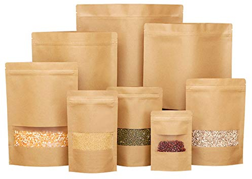 50 pcs Kraft Bags with Window Stand Up Ziplock Seal Paper Bag Resealable Large Food Storage Pouch 4oz 5.5×7.8in