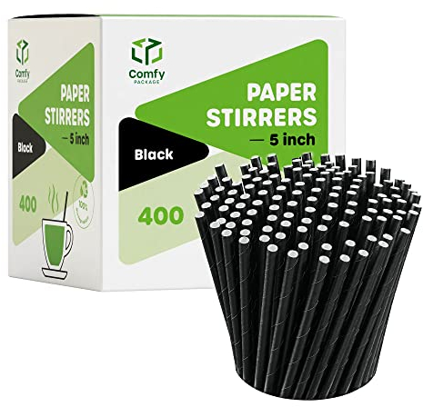 [400 Stück] 12,7 cm 100% biologisch abbaubare Papier-Rührstäbchen/Strohhalme – schwarz – für Cocktails und Kaffee