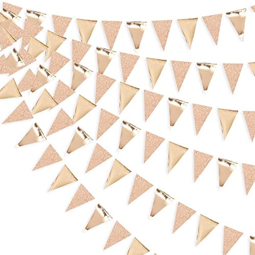 30 Ft Champagne Gold Double Sided Glitter/Metallic Paper Triangle Flag Bunting Pennant Banner for Wedding Birthday Holiday Festivals Anniversary Bridal Shower Hen Christmas Decorations Party Supplies