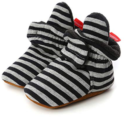 Stivali Invernali per Neonato Unisex Fondo Morbido Antiscivolo Stivali da Neve Bambino Cotone Piatto Pelliccia Calzino Bootie Regolabile (6-12 Mesi, Stripe - Nero Scuro)