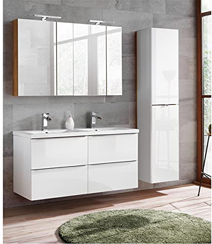 Lomadox Komplett Badmöbel Set mit Doppel-Waschtisch 120cm aus Keramik 120cm, und 2 Spiegelschränke, Wotaneiche & Hochglanz weiß, Breite 175cm