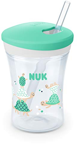 NUK Action Cup Trinklernflasche, weicher Trinkhalm, auslaufsicher, 12+ Monate, BPA-frei, 230ml, Schildkröten, grün